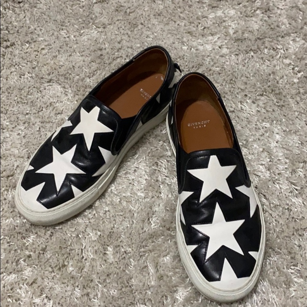 Givenchy Black Leather Slip-On Espadrilles with White Star Appliqués